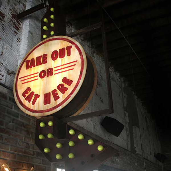 Take out or eat here sign